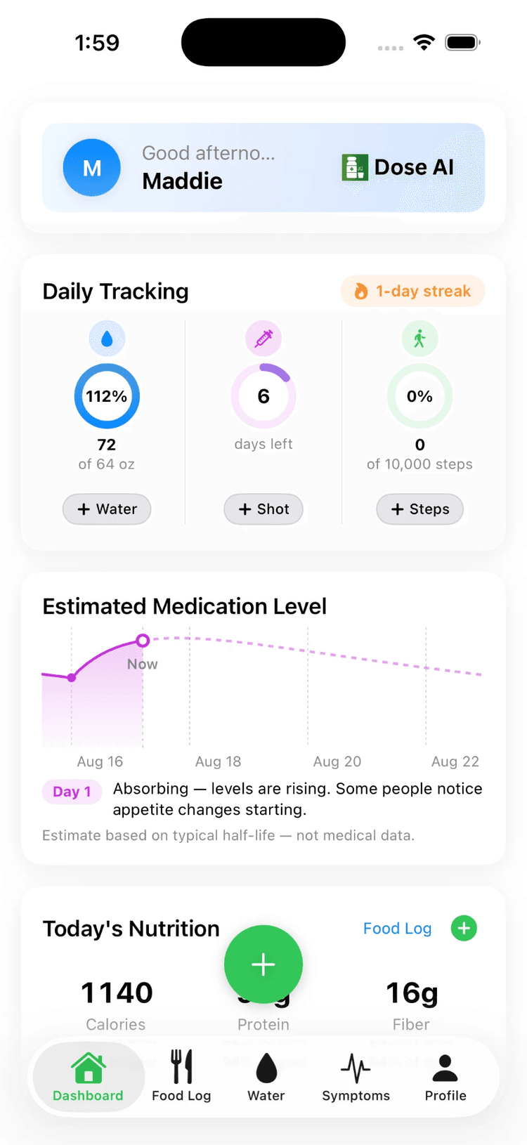 Dose AI dashboard tracking water intake, shot schedule, steps, medication level, and daily nutrition