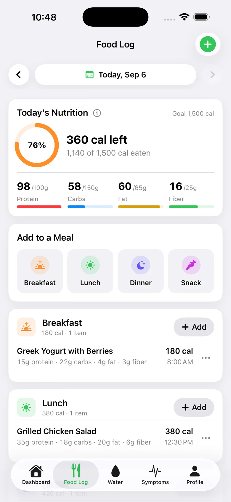 Écran du journal alimentaire dans l'app : un repas photographié avec protéines, fibres et calories comptées