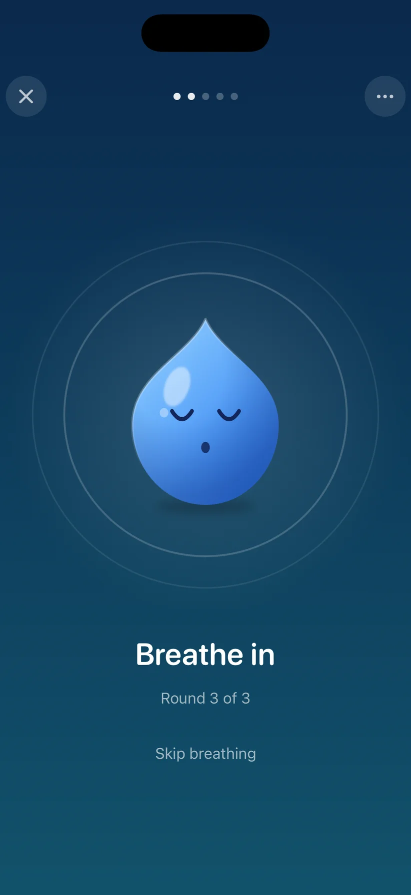 Shot Mode breathing stage: the Dose AI droplet buddy breathes with you — 'Breathe in, Round 3 of 3'