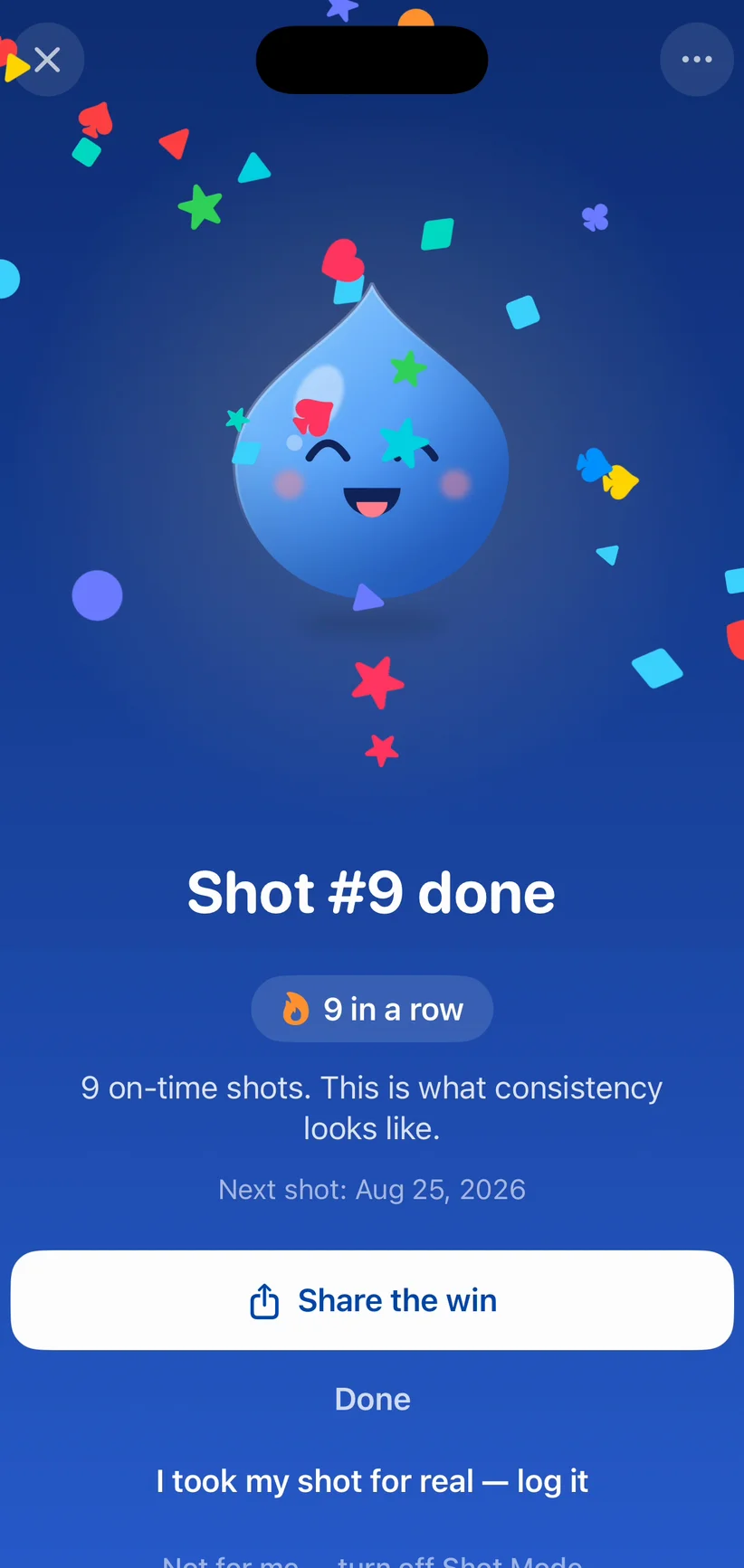 Shot Mode celebration screen: confetti around the smiling buddy with 'Shot #9 done' and a '9 in a row' streak badge