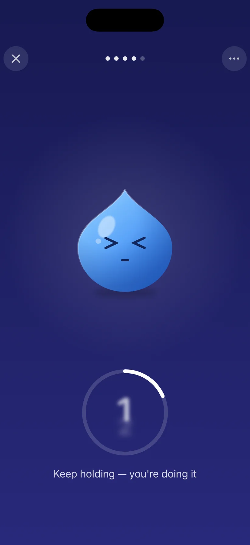 Shot Mode injection screen: countdown ring at 1 with the caption 'Keep holding — you're doing it'