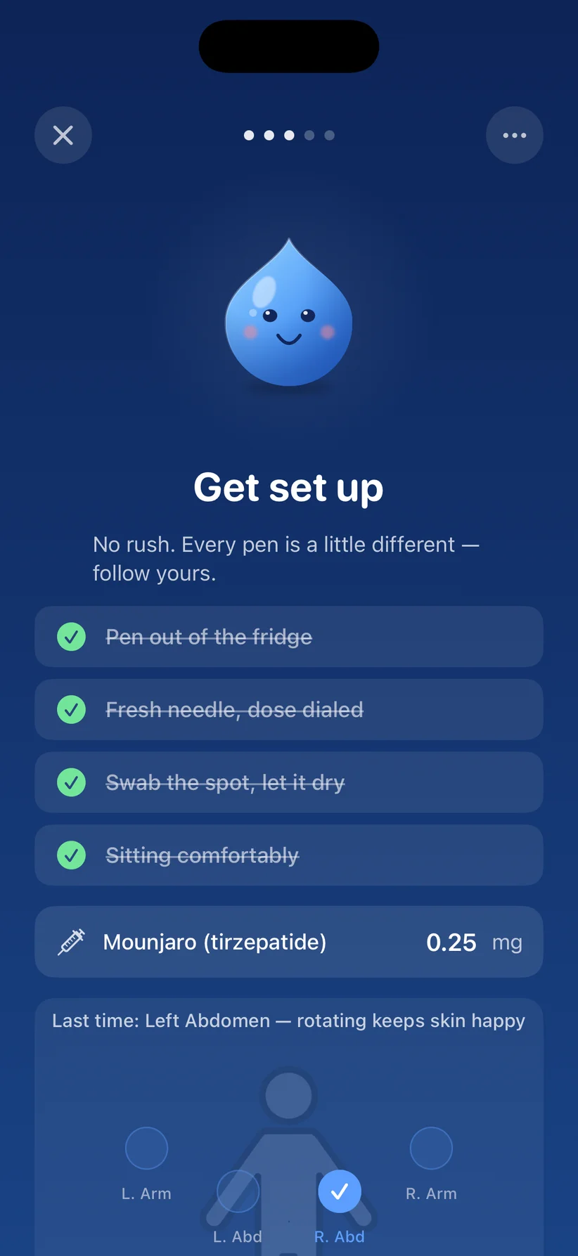 Shot Mode prep screen: 'Get set up' checklist with pen, needle, swab and seating steps checked, dose and medication shown below