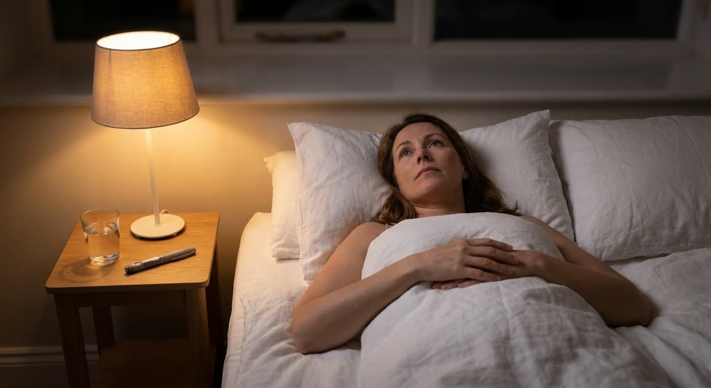 Woman lying awake at night while taking GLP-1 medication like Ozempic for weight loss