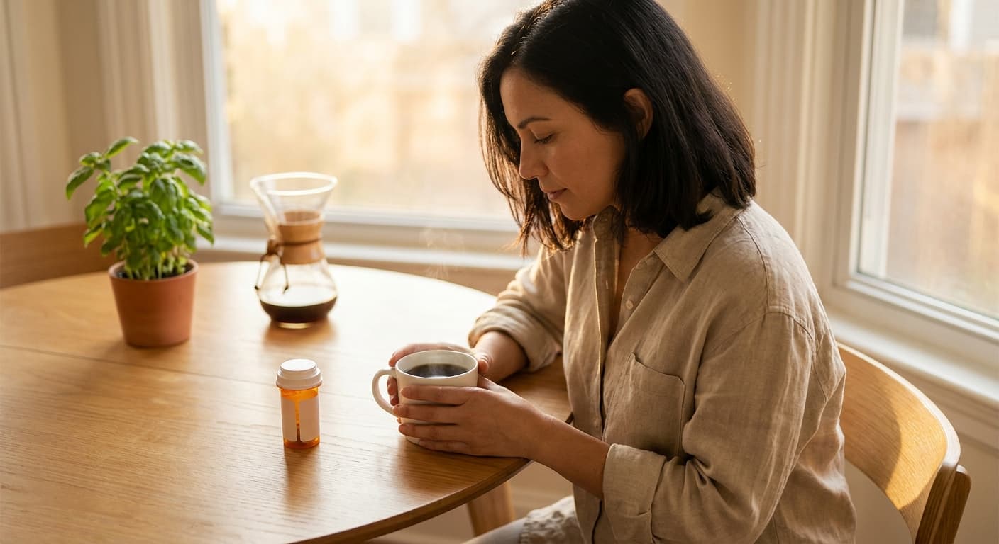 Coffee cup beside Ozempic pen, GLP-1 medication and caffeine safety guide