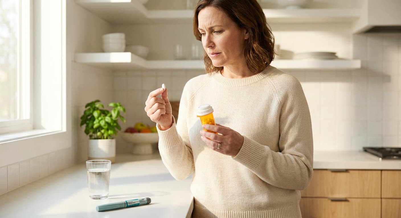 Ibuprofen and Ozempic medication bottles with GLP-1 drug interaction warning