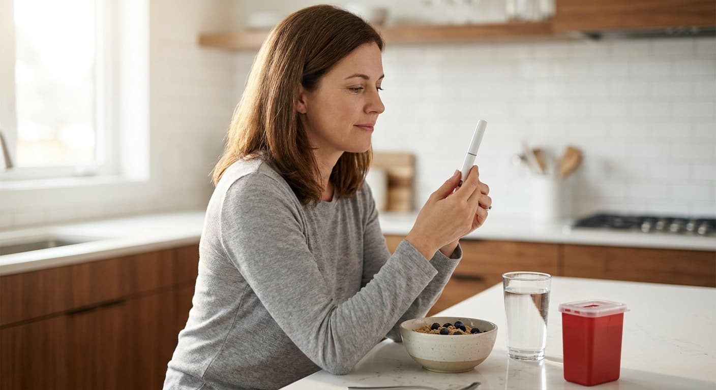 GLP-1 injection pen beside healthy meal for optimal medication timing