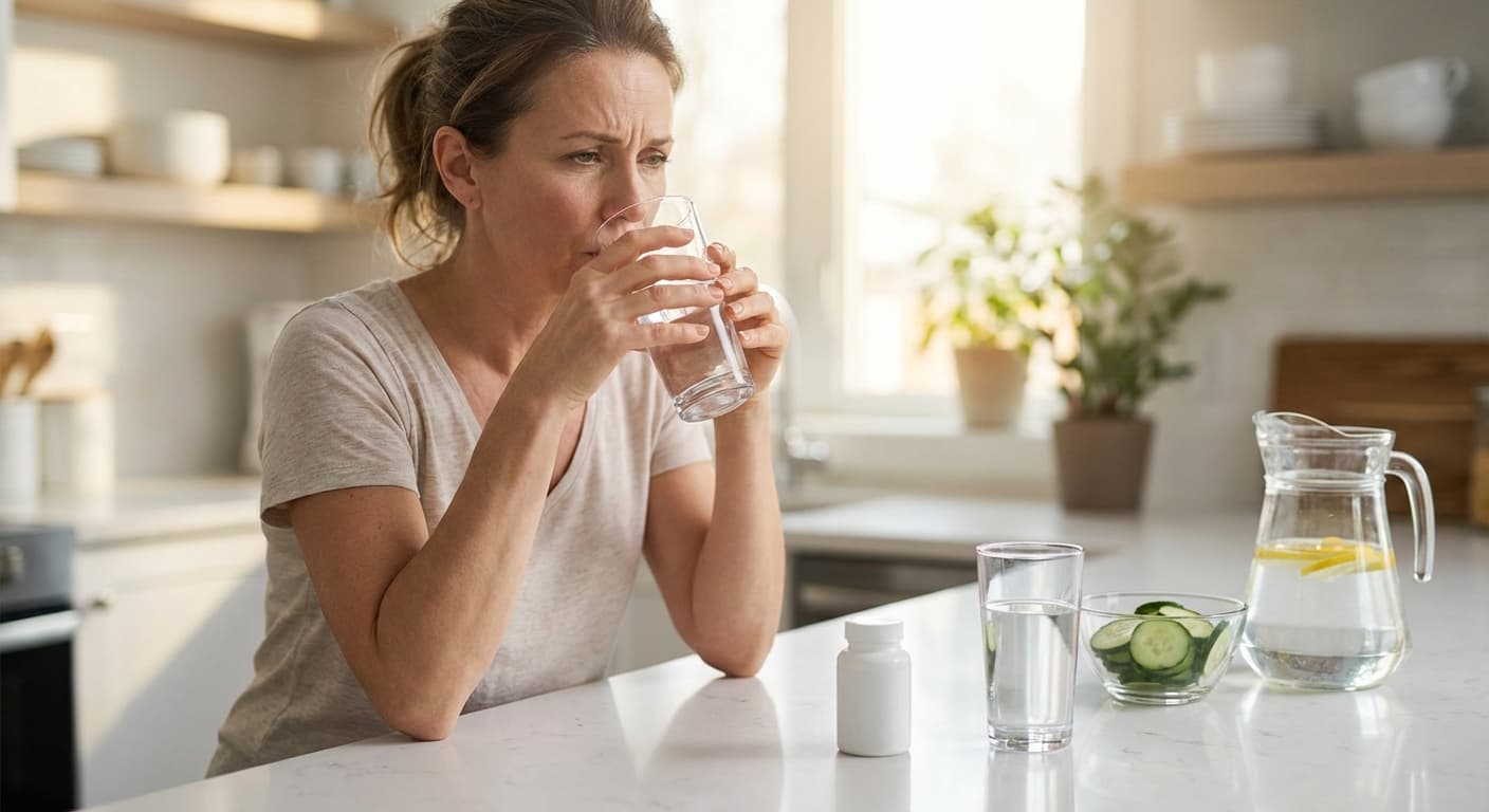 Tirzepatide medication with glass of water addressing dry mouth side effects