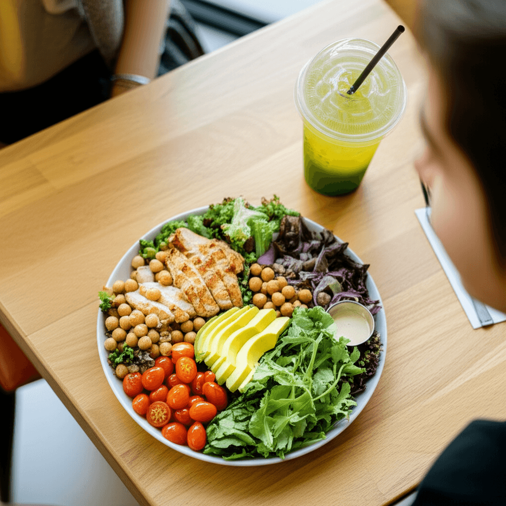 GLP-1 user selecting a low-sugar, nutrient-dense drink at Starbucks with careful menu navigation
