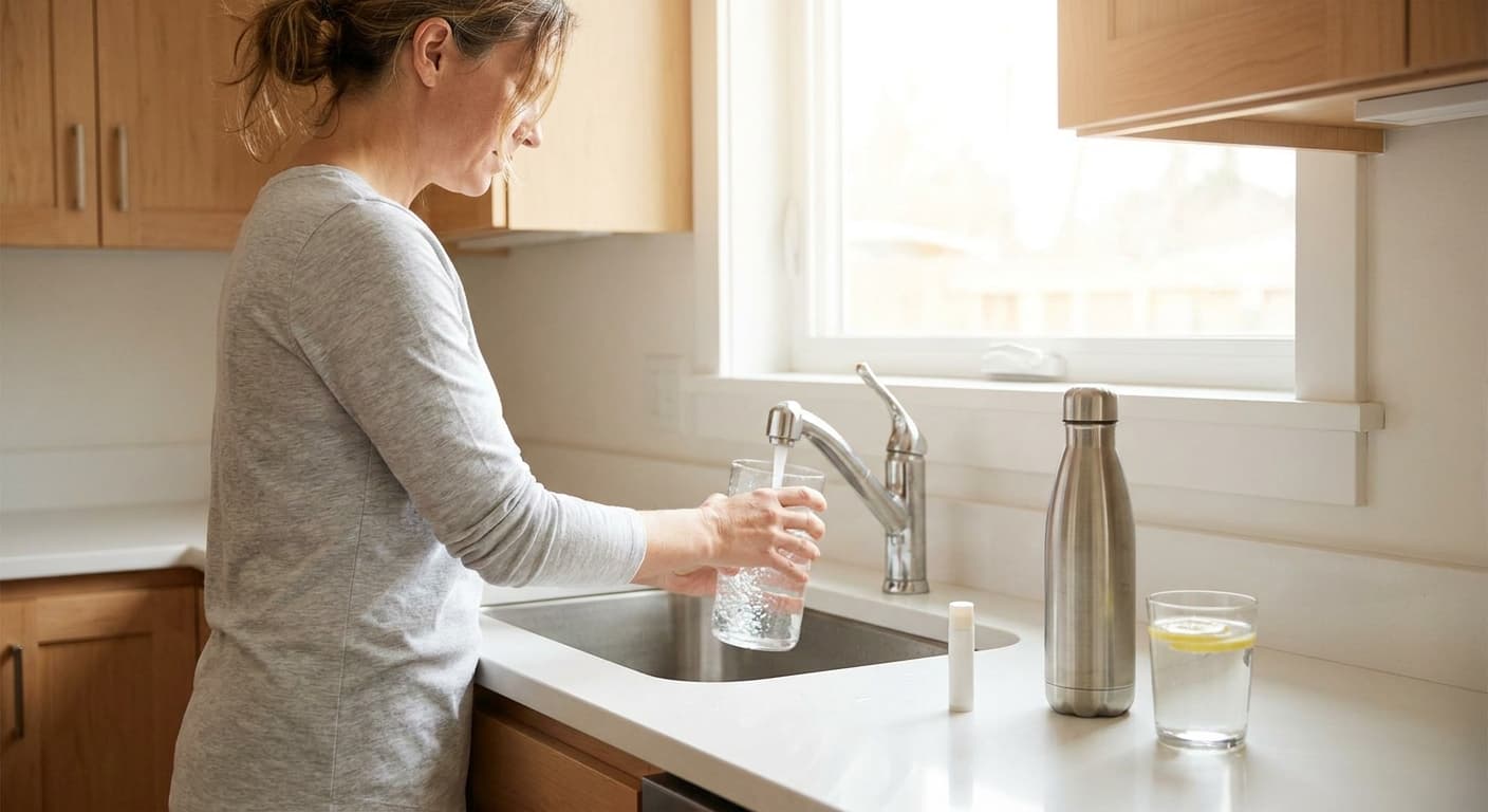 Woman drinking water to relieve dry mouth side effects from tirzepatide medication