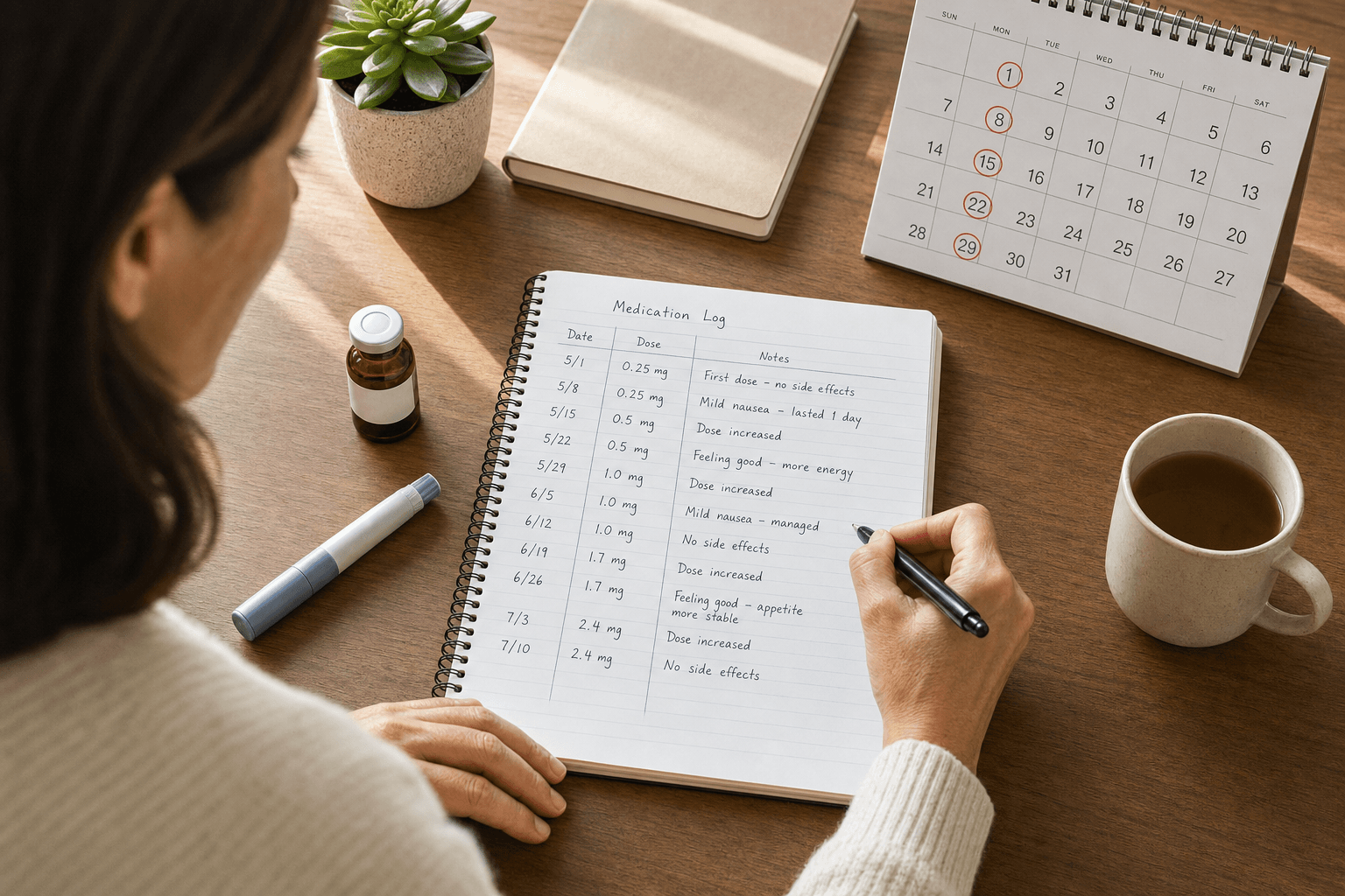 GLP-1 medication dose tracking journal with titration history log and digital health app
