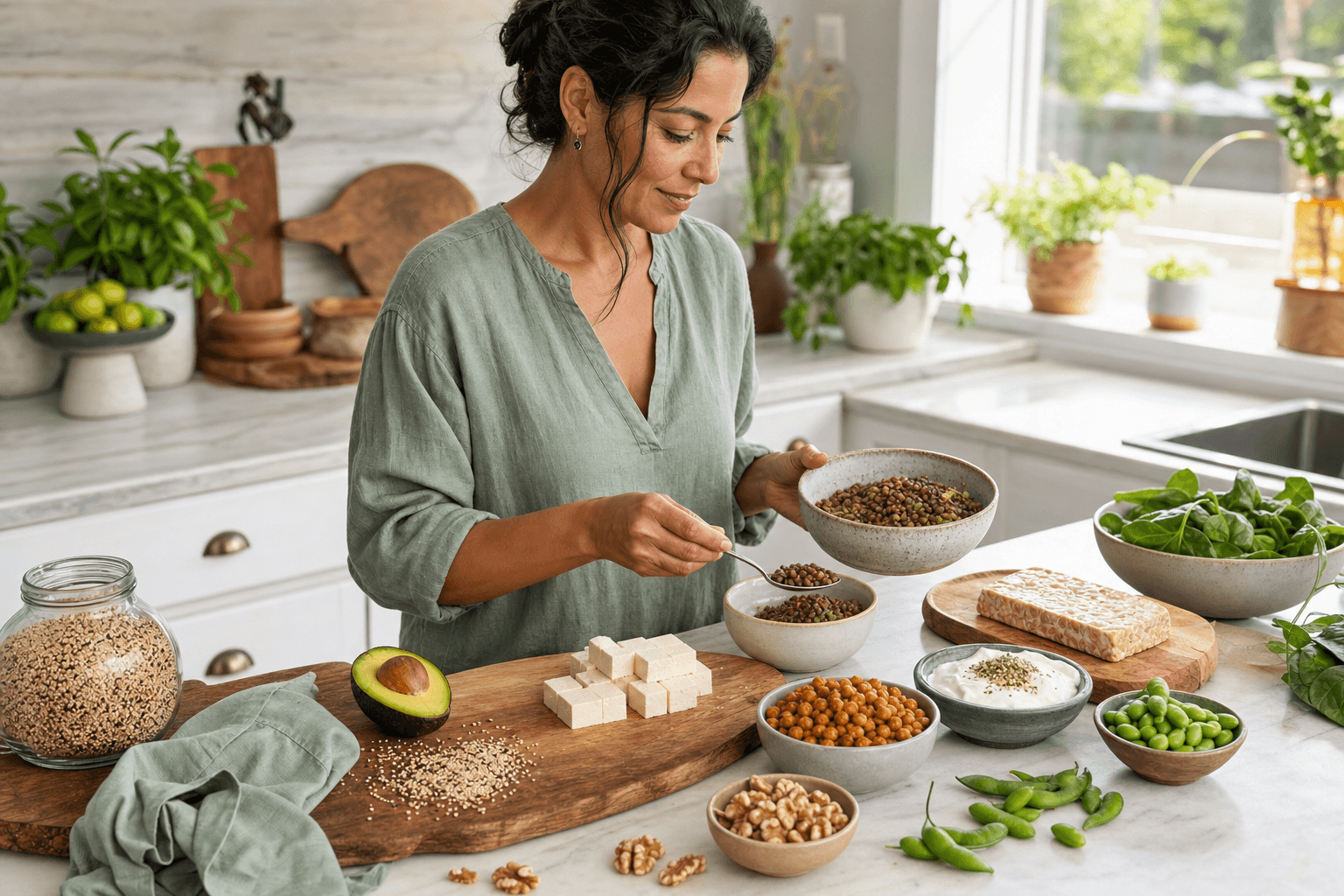 Vegetarian high-protein meal with legumes, tofu, and quinoa for GLP-1 diet
