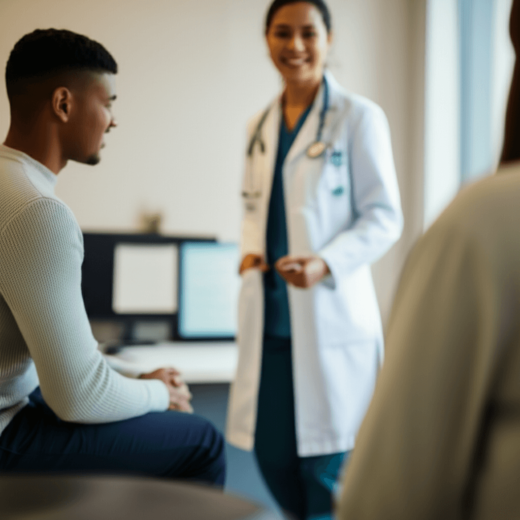 Canadian healthcare professional explaining GLP-1 medication prescription options with medical chart and patient consultation in background