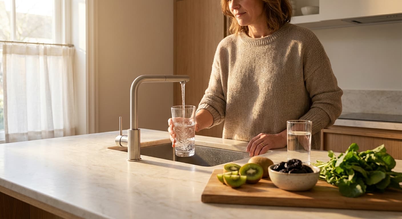 Woman drinking water to relieve constipation while on Zepbound weight loss medication