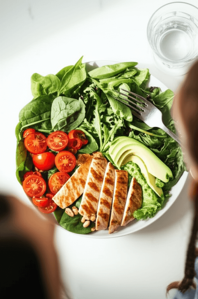 GLP-1 medication bottle with healthy meal and lifestyle elements showing weight loss and wellness transformation