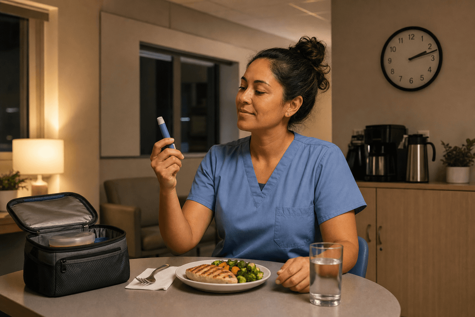 Night-shift worker timing GLP-1 medication injection with meal schedule planner