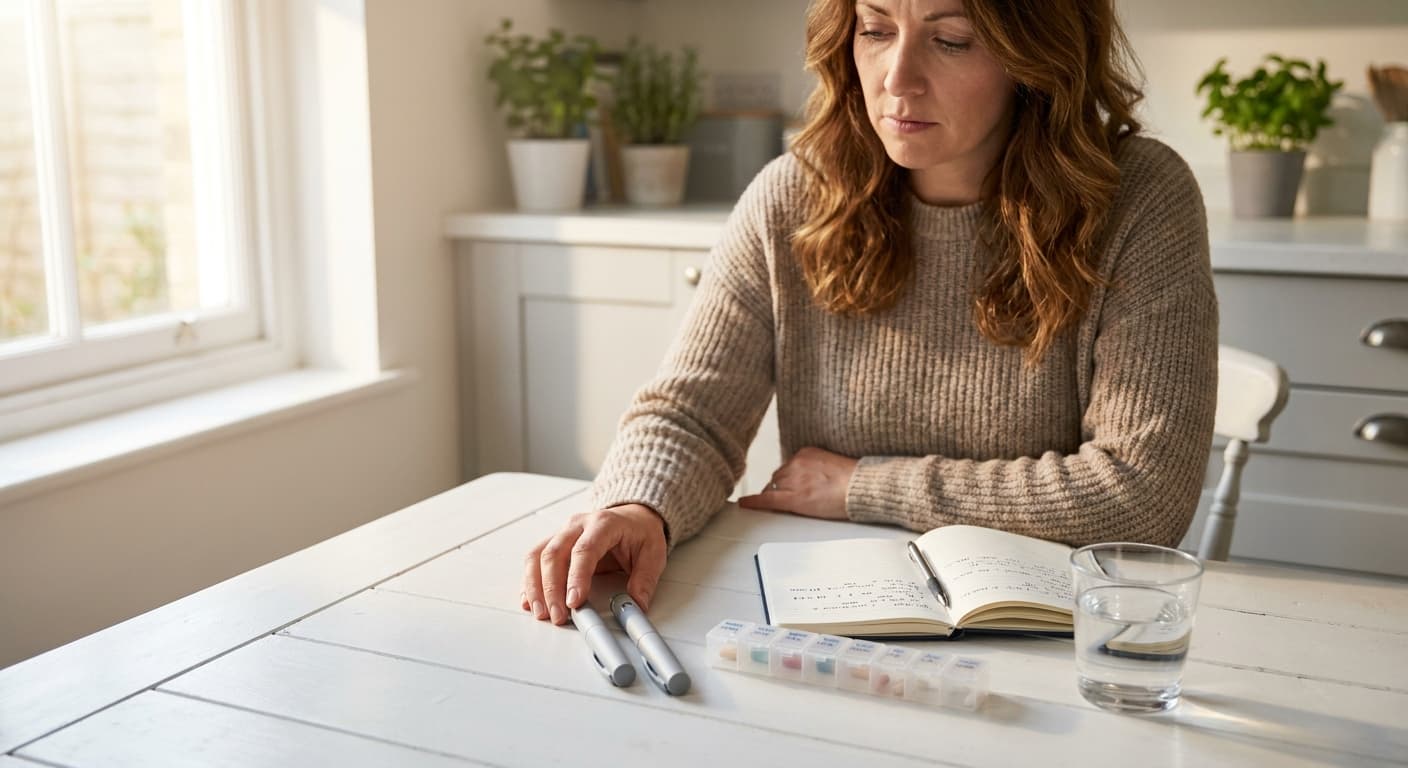 Woman checking GLP-1 injection pen after accidental double dose mistake