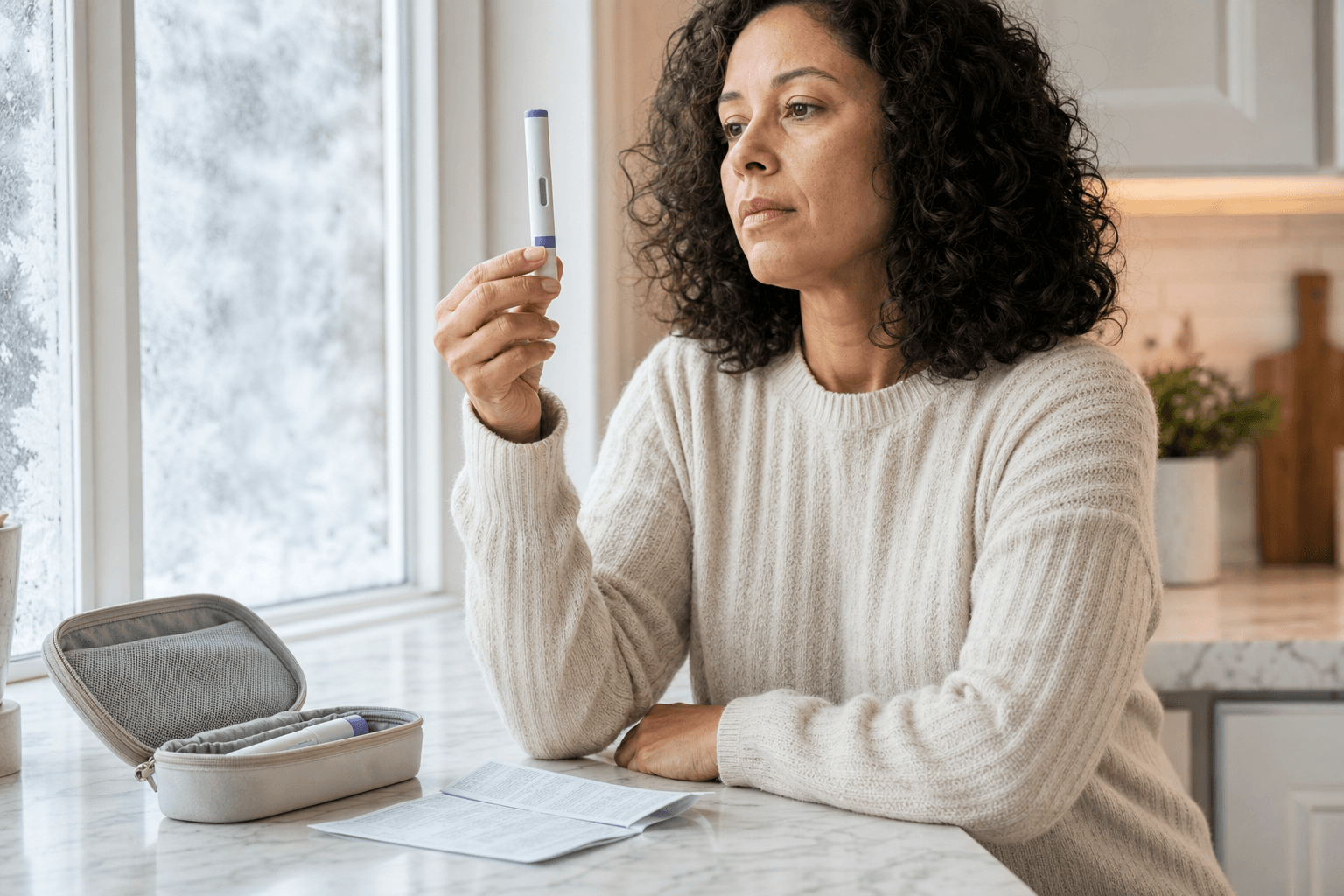 Frozen GLP-1 injection pen beside storage guidelines for Ozempic and Wegovy