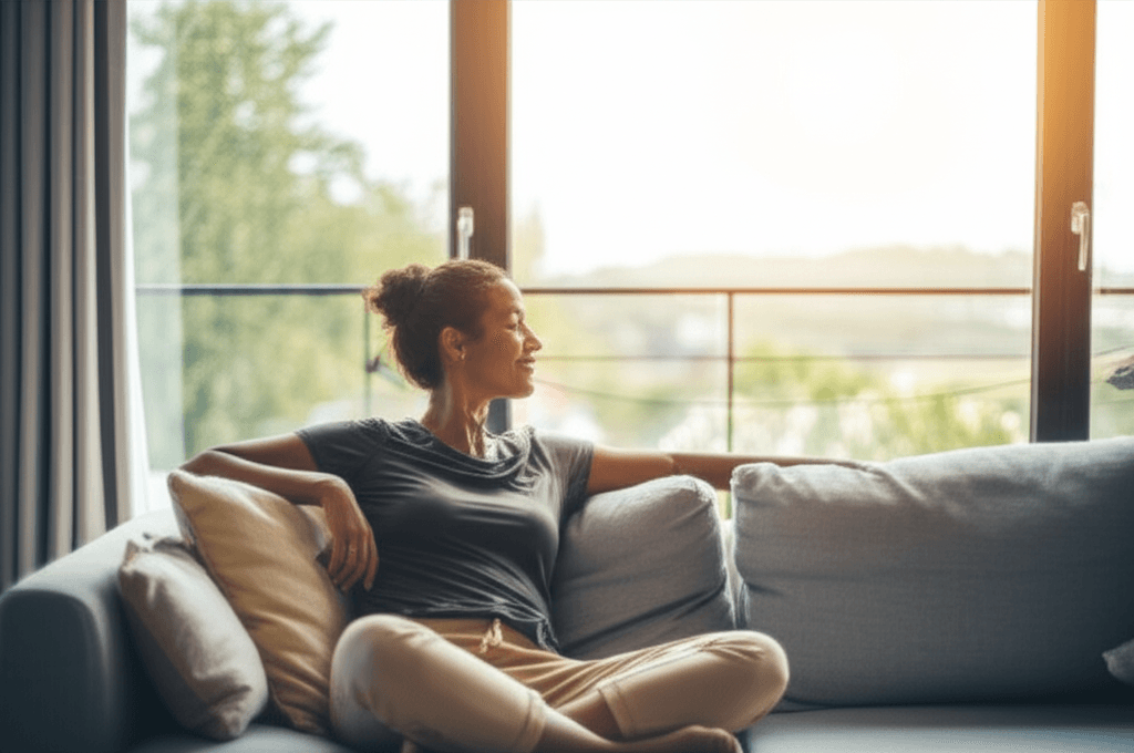 Woman experiencing nausea, holding stomach while looking concerned about Wegovy medication side effects