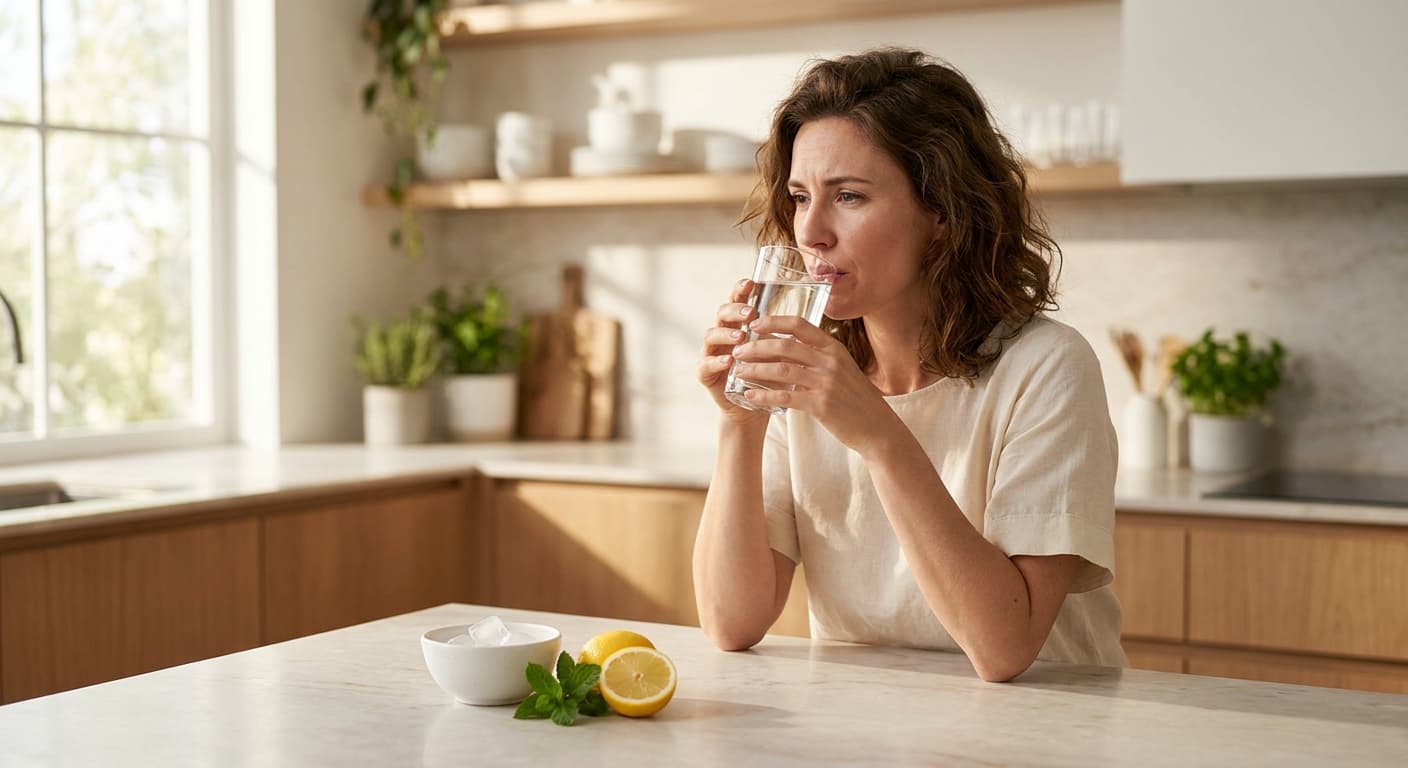 Woman experiencing dry mouth while taking tirzepatide medication with water glass nearby