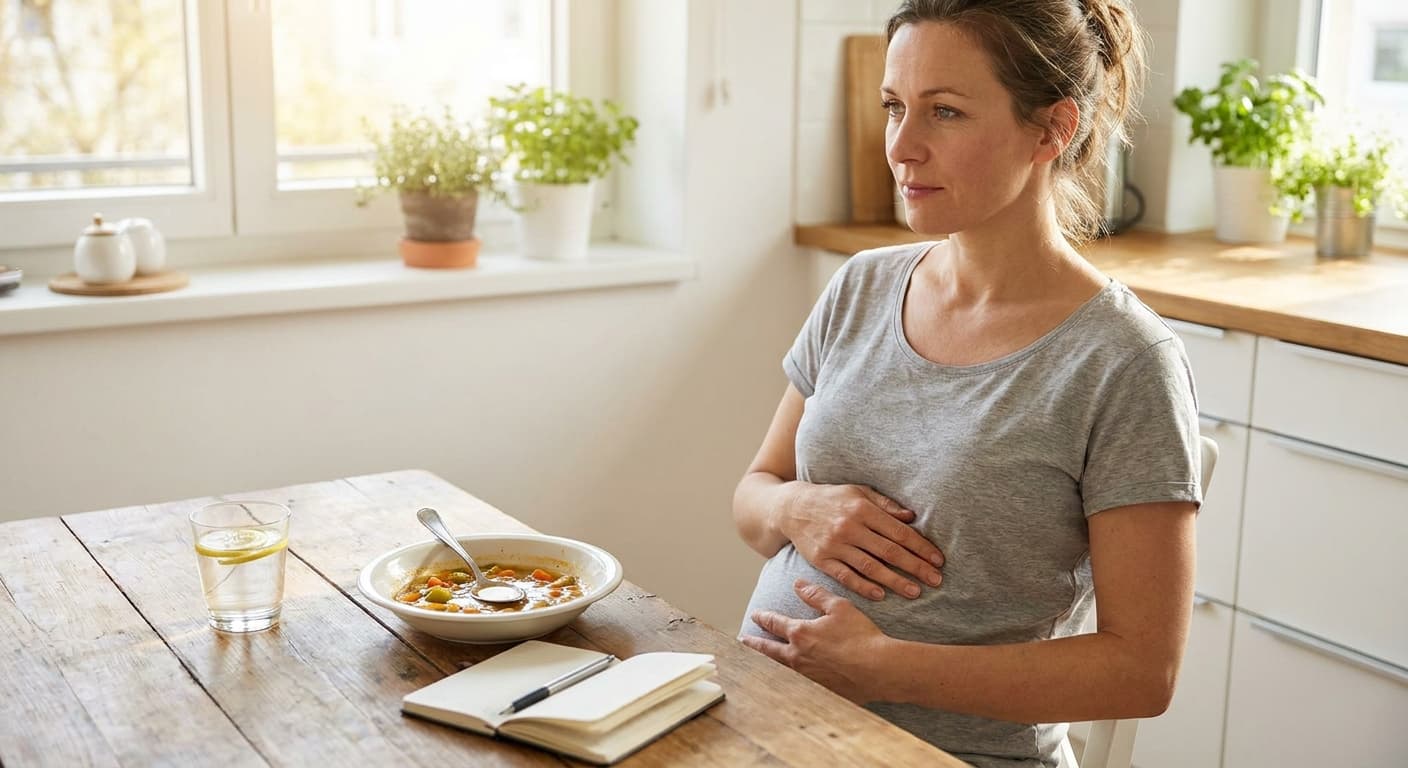 Woman holding stomach experiencing bloating discomfort while taking Ozempic or Wegovy medication