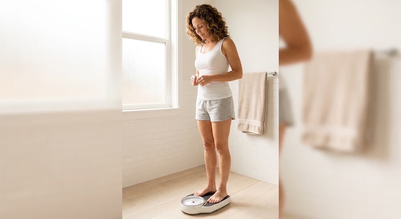 Woman on scale experiencing weight loss plateau while on Zepbound medication