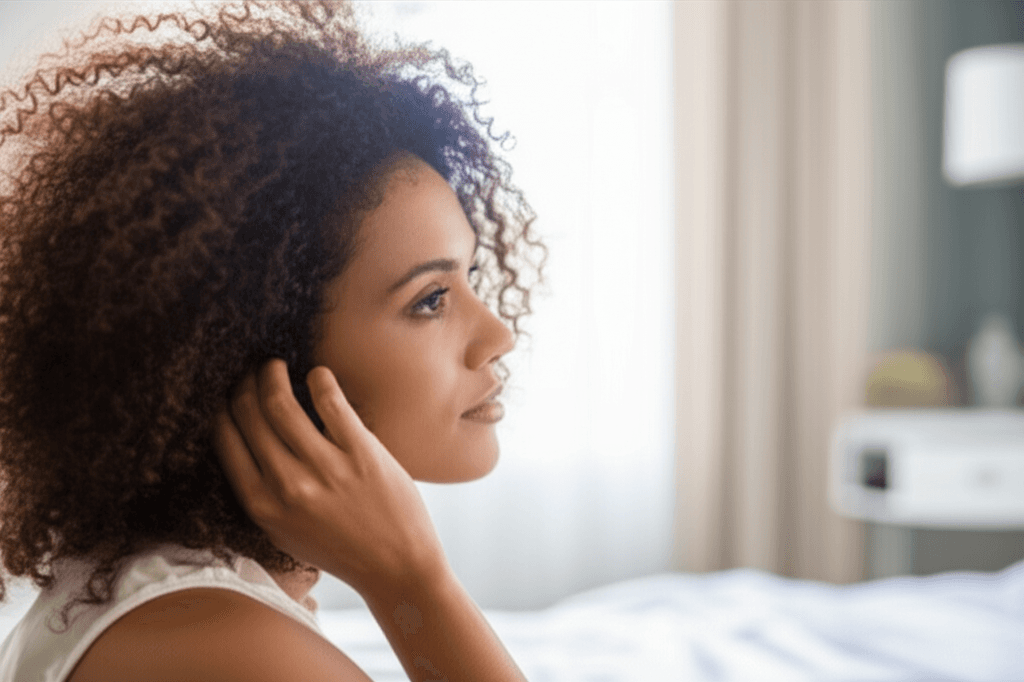 Woman examining hair in mirror, concerned about potential hair loss side effect of weight loss medications Wegovy and Zepbound